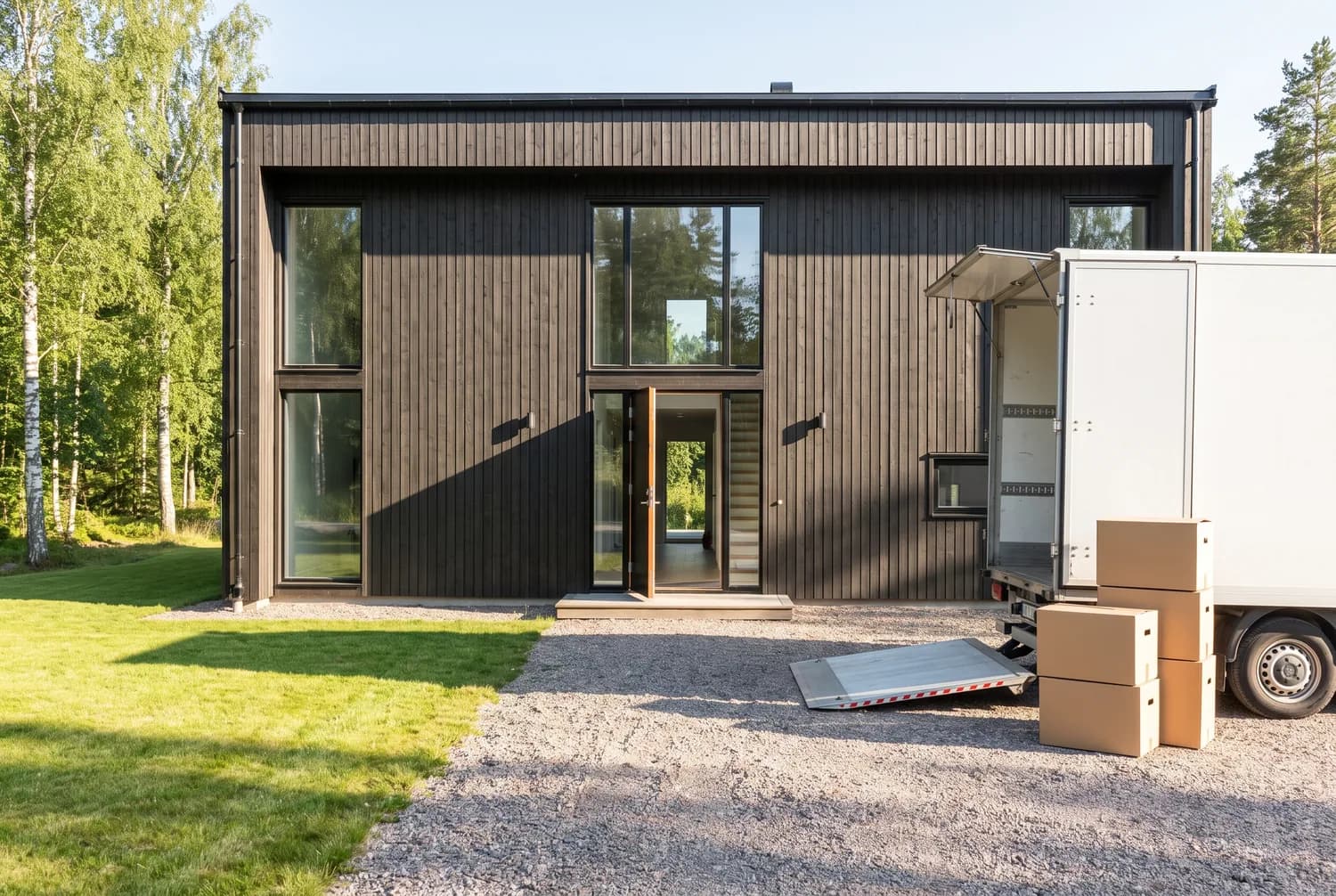 Modern villa på flyttdagen med kartonger på uppfarten