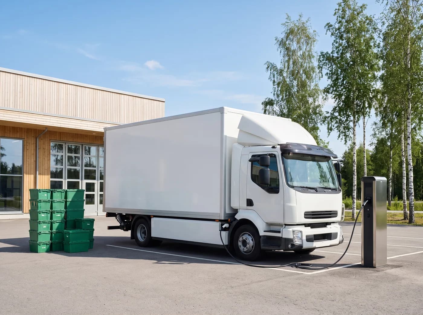 Elektrisk flyttbil som laddar utanför en logistikanläggning