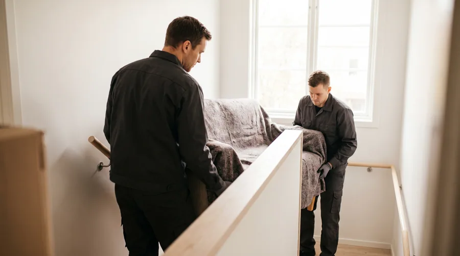 Två flyttare bär en inlindad soffa i ett trapphus