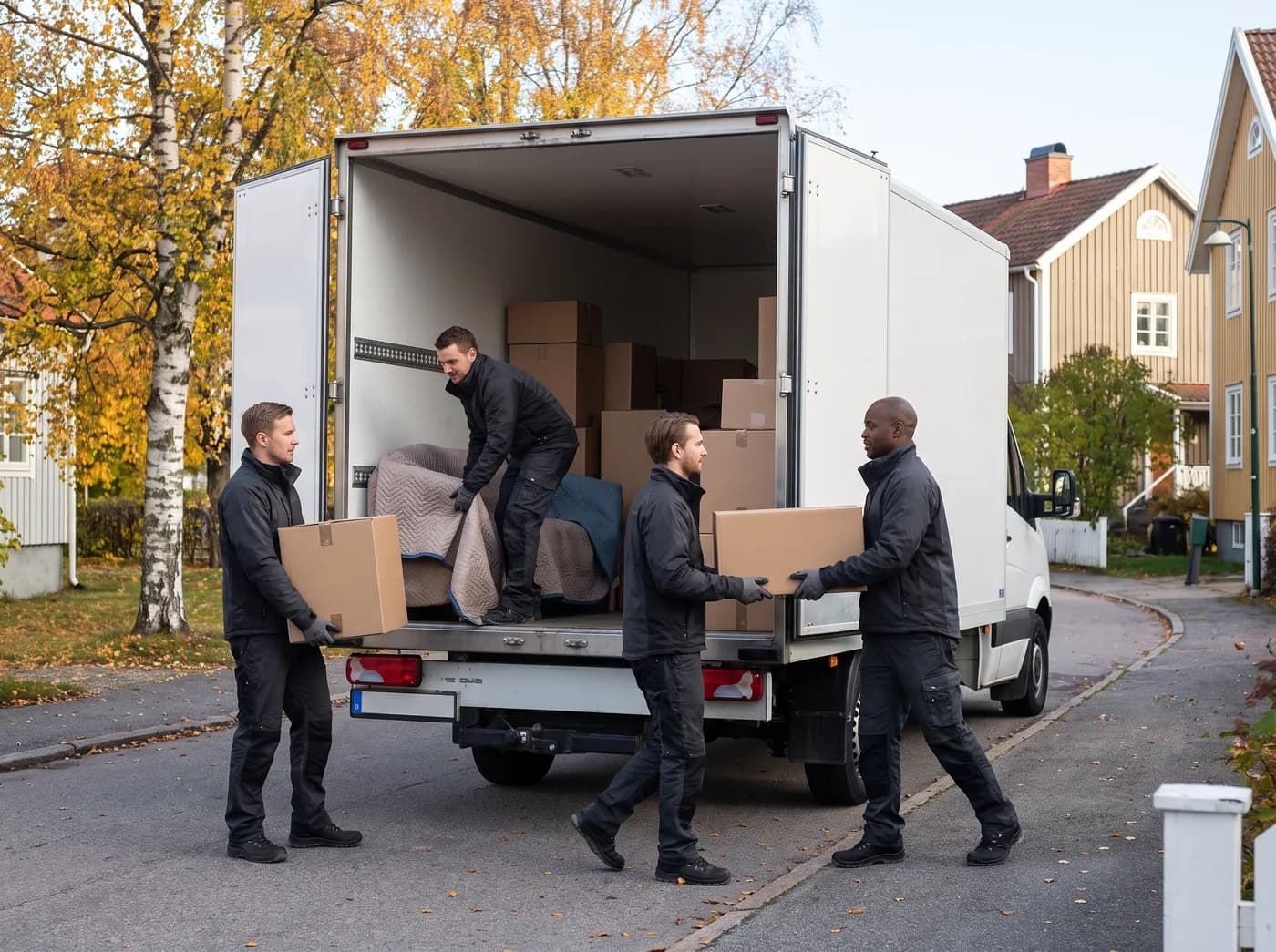 Flyttteam lastar kartonger i en vit lastbil